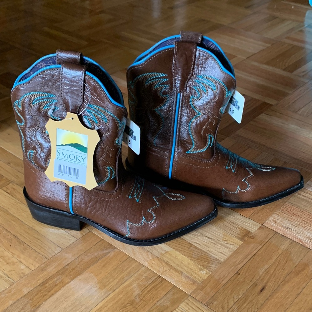 NIB YouthSmoky Mountain - Brown Leather Boots Teal Stitching - Youth Size 1.5